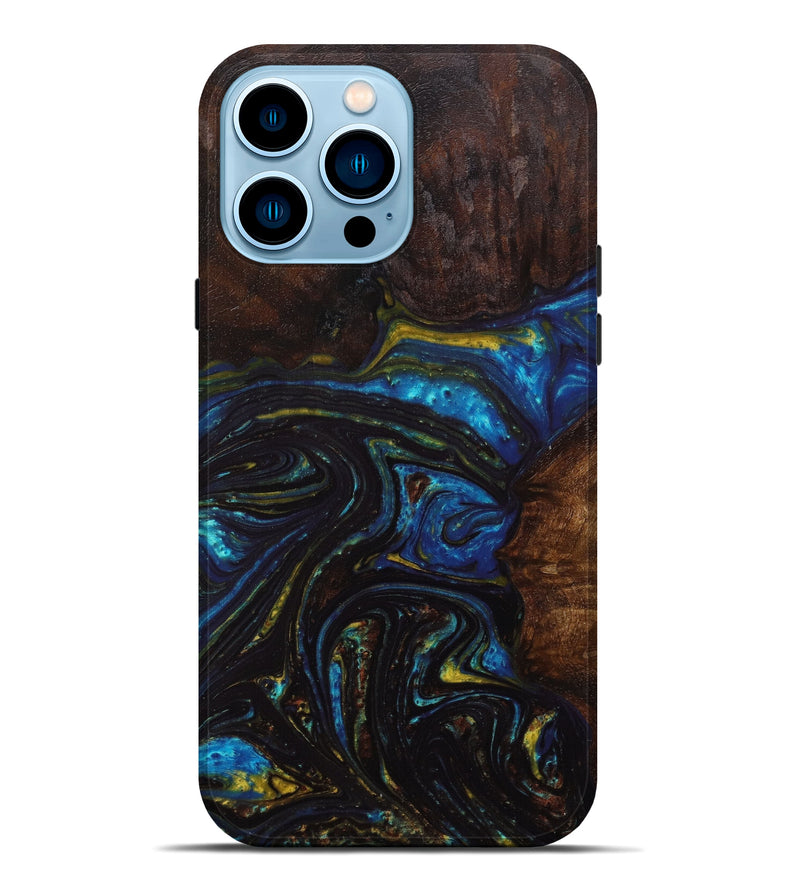 iPhone 14 Pro Max Wood+Resin Live Edge Phone Case - Dahlia (Teal & Gold, 604300)
